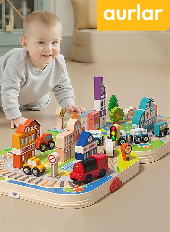 الأورلار مجموعة قطار خشبي وكتل بناء المدينة الفاخرة، لعبة تعليمية محمولة للأطفال من عمر 3 سنوات فما فوق، تعلم ممتع وهدايا للأولاد والبنات - Image 1