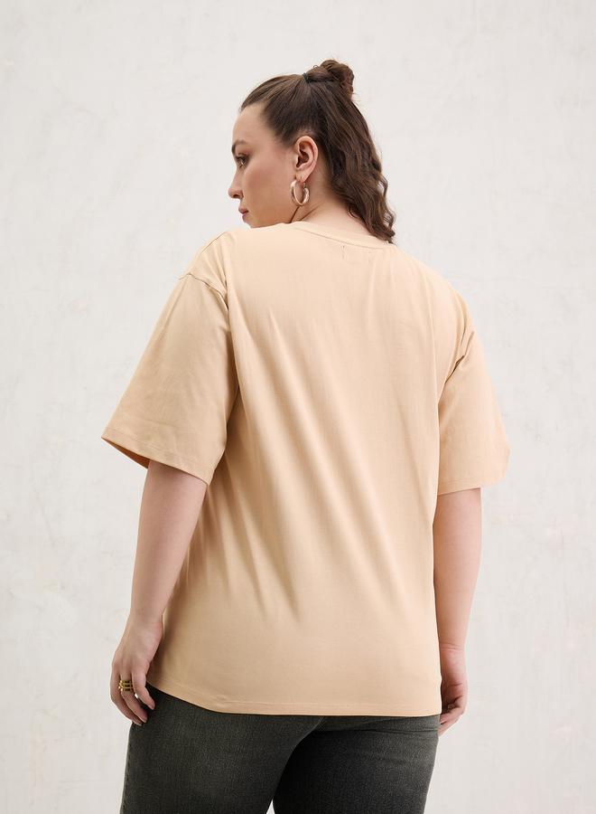 SASSAFRAS Plus Size Beige Slogan Print T-Shirt - Image 5