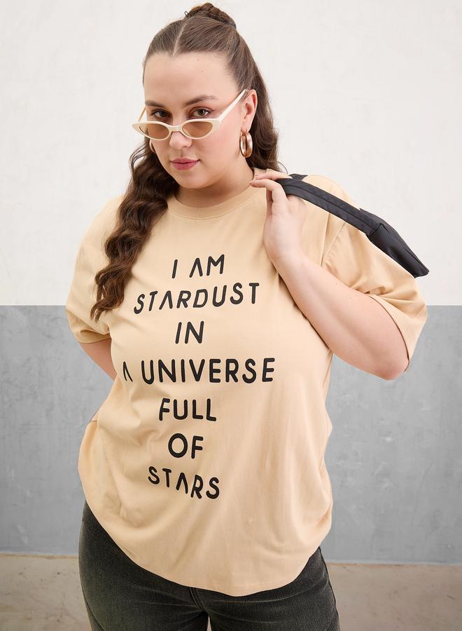 SASSAFRAS Plus Size Beige Slogan Print T-Shirt - Image 1