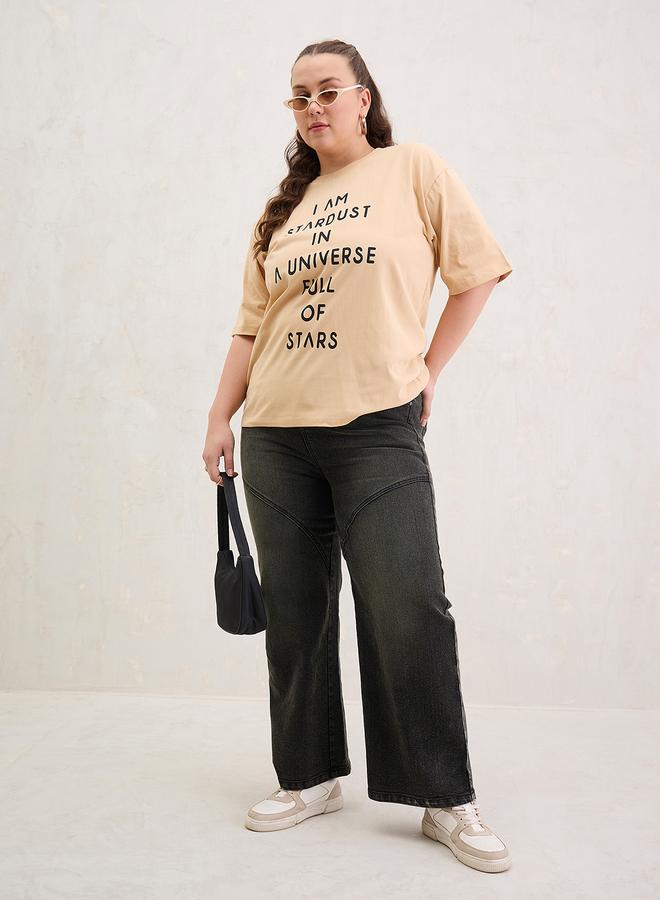 SASSAFRAS Plus Size Beige Slogan Print T-Shirt - Image 2