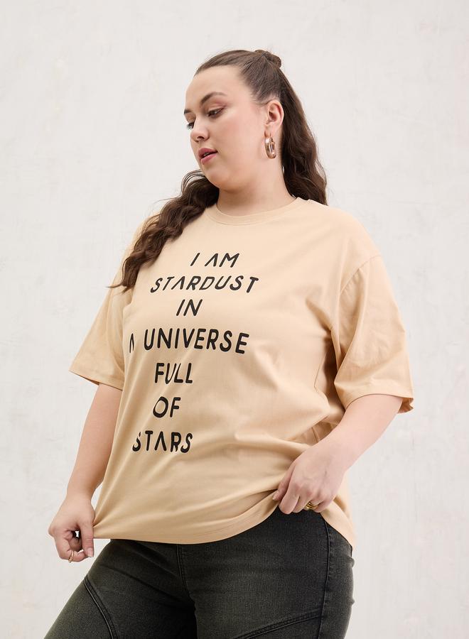 SASSAFRAS Plus Size Beige Slogan Print T-Shirt - Image 3
