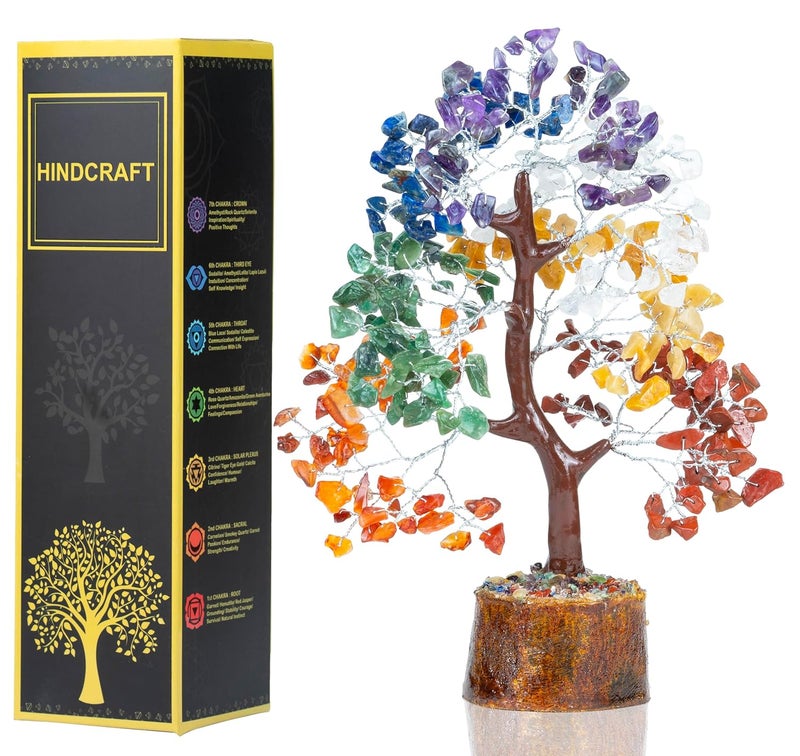 HindCraft Seven Chakra Tree Good Luck Tree for Home Office Decor Artificial Tree for Living Room Hall Table Decoration Gift for Men Women Anniversary Birthday 8 Inch 200 Beads - Image 1