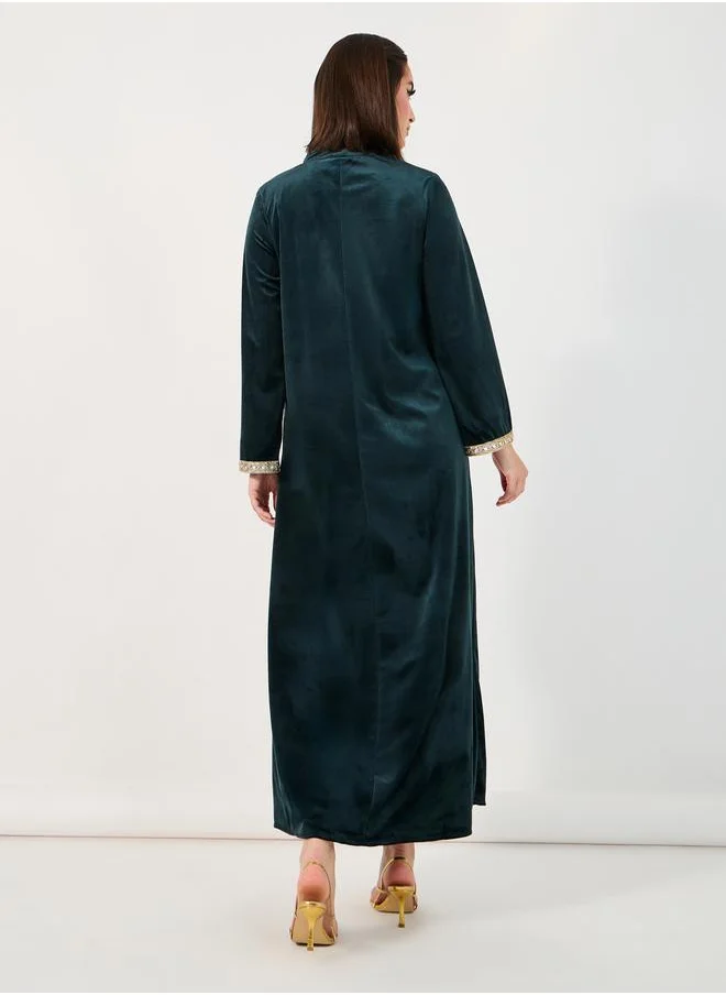 Styli Velvet Look Jalabiya with Lace Trim