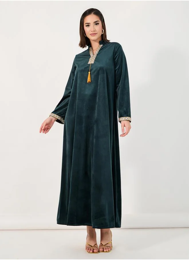 Styli Velvet Look Jalabiya with Lace Trim
