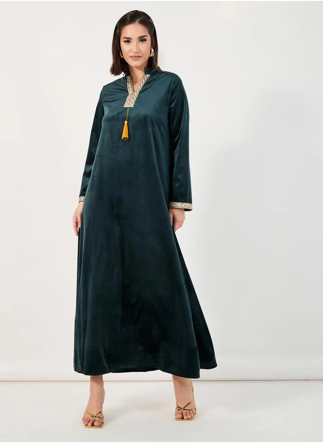 Styli Velvet Look Jalabiya with Lace Trim