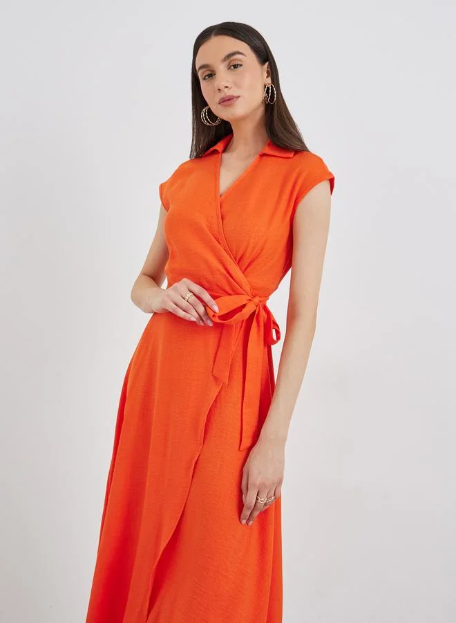 Take Two Take Two Women Orange Sleeveless Wrap Midi Dress
