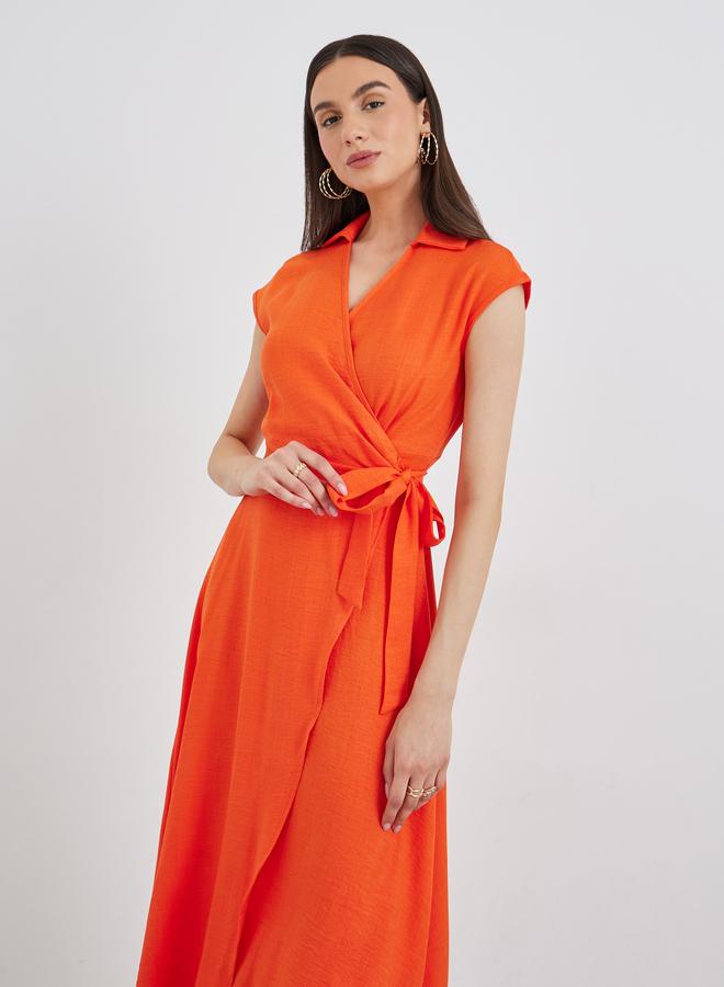 تايك تو فستان نسائي برتقالي بدون أكمام بياقة ملفوفة متوسط الطول - Image 3