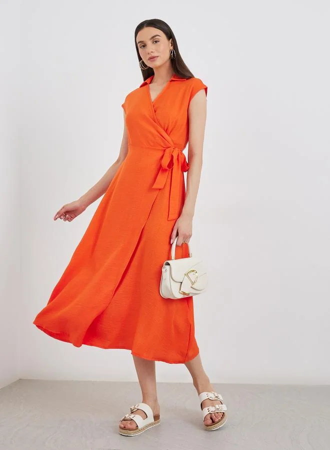 Take Two Take Two Women Orange Sleeveless Wrap Midi Dress