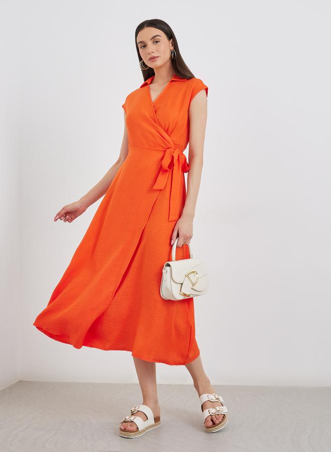 تايك تو فستان نسائي برتقالي بدون أكمام بياقة ملفوفة متوسط الطول - Image 2