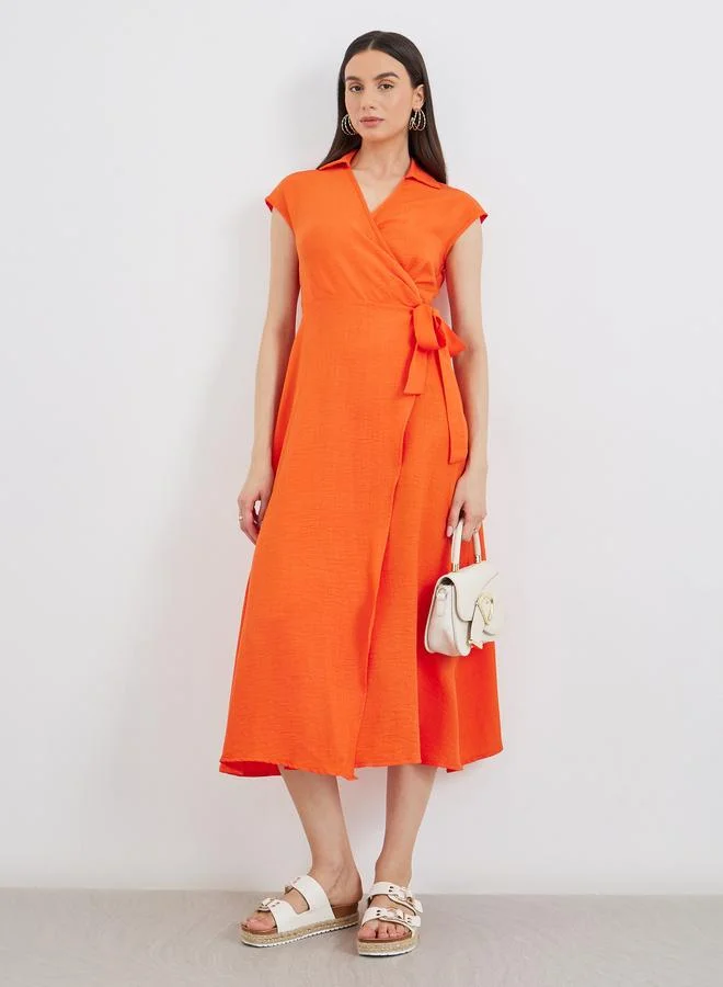Take Two Take Two Women Orange Sleeveless Wrap Midi Dress