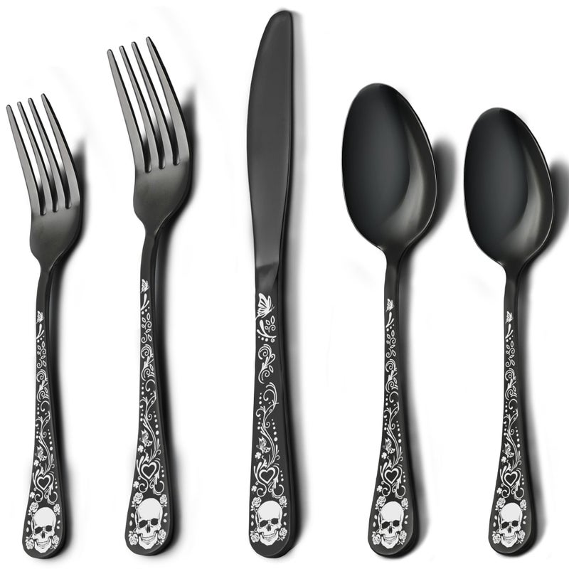 MUJINON Skull Black Silverware Set for 4, 20-Piece Black Flatware Set, Gothic Skeleton Cutlery for Decoration, Halloween, Christmas, Party, Gift, Housewarming - Image 1