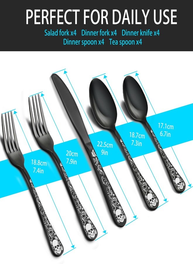 MUJINON Skull Black Silverware Set for 4, 20-Piece Black Flatware Set, Gothic Skeleton Cutlery for Decoration, Halloween, Christmas, Party, Gift, Housewarming - Image 2