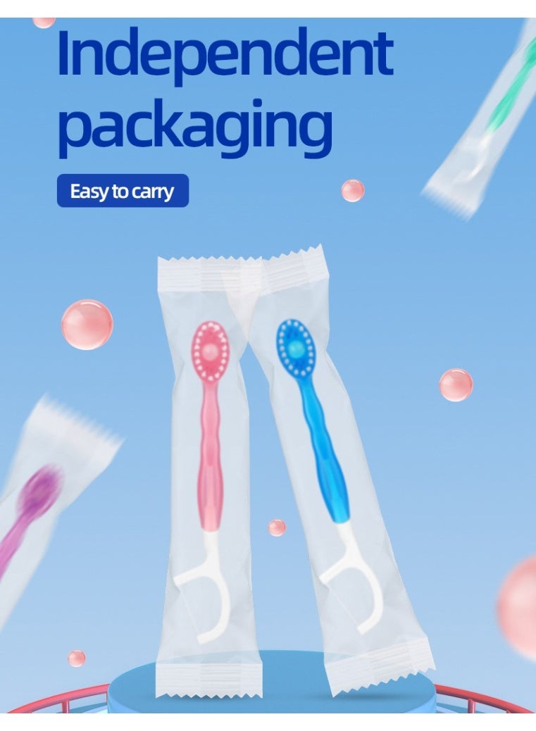 5 In 1 Mini Toothbrush & Floss & Tongue Scraper & Toothpick Set, , Disposable Mini Toothbrushes  With Bursting Beads, No Toothpaste Required,Convenient And Easy to Carry, Cleans The Mouth and Freshens Breath 26pcs（Peach flavor）