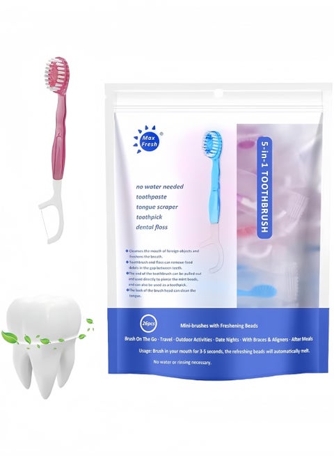 5 In 1 Mini Toothbrush & Floss & Tongue Scraper & Toothpick Set, , Disposable Mini Toothbrushes  With Bursting Beads, No Toothpaste Required,Convenient And Easy to Carry, Cleans The Mouth and Freshens Breath 26pcs（Peach flavor）