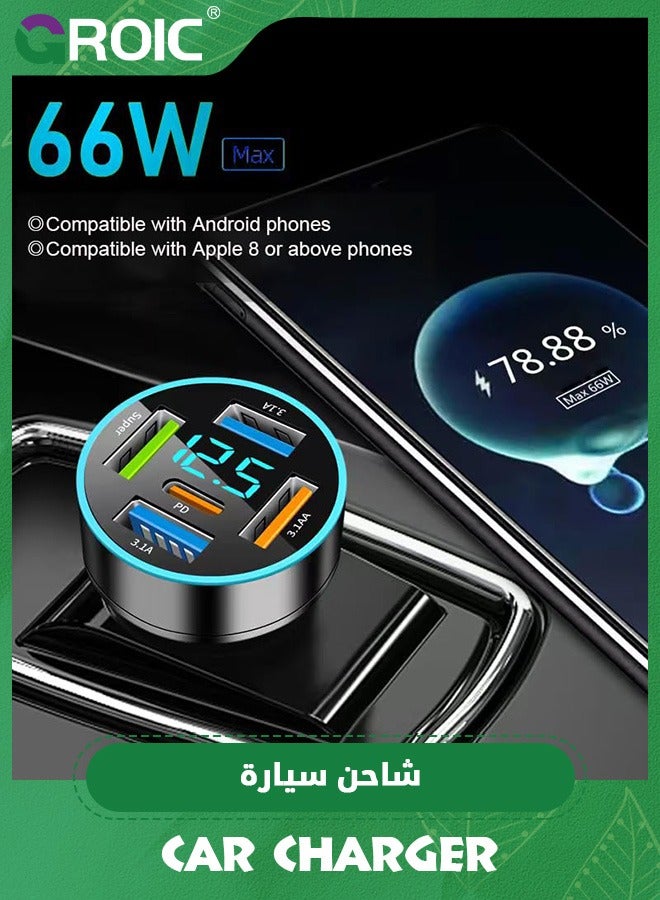 GROIC 66W Car Charger Adapter 5 Port USB Car Charger PD 30W QC3.0 3.1A Car Cigarette Lighter USB Charger with LED Voltmeter Fast Car Charger Compatible with iPhone iPad Samsung - Image 2