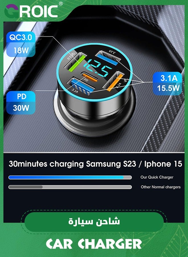 GROIC 66W Car Charger Adapter 5 Port USB Car Charger PD 30W QC3.0 3.1A Car Cigarette Lighter USB Charger with LED Voltmeter Fast Car Charger Compatible with iPhone iPad Samsung - Image 4