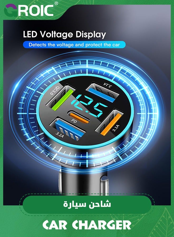 GROIC 66W Car Charger Adapter 5 Port USB Car Charger PD 30W QC3.0 3.1A Car Cigarette Lighter USB Charger with LED Voltmeter Fast Car Charger Compatible with iPhone iPad Samsung - Image 5