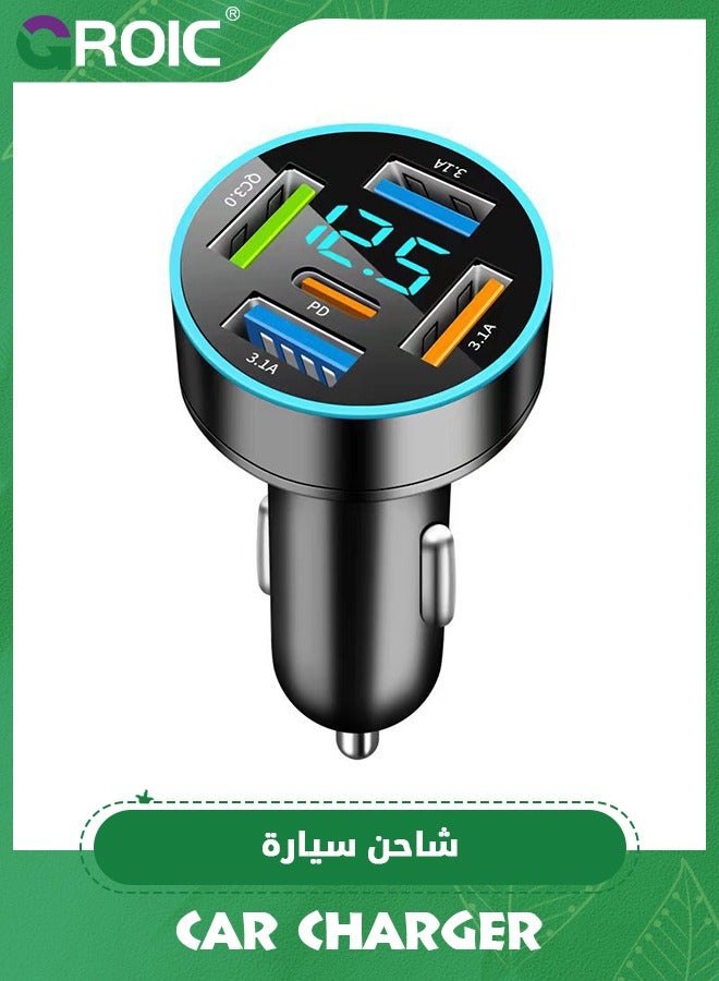 GROIC 66W Car Charger Adapter 5 Port USB Car Charger PD 30W QC3.0 3.1A Car Cigarette Lighter USB Charger with LED Voltmeter Fast Car Charger Compatible with iPhone iPad Samsung - Image 1