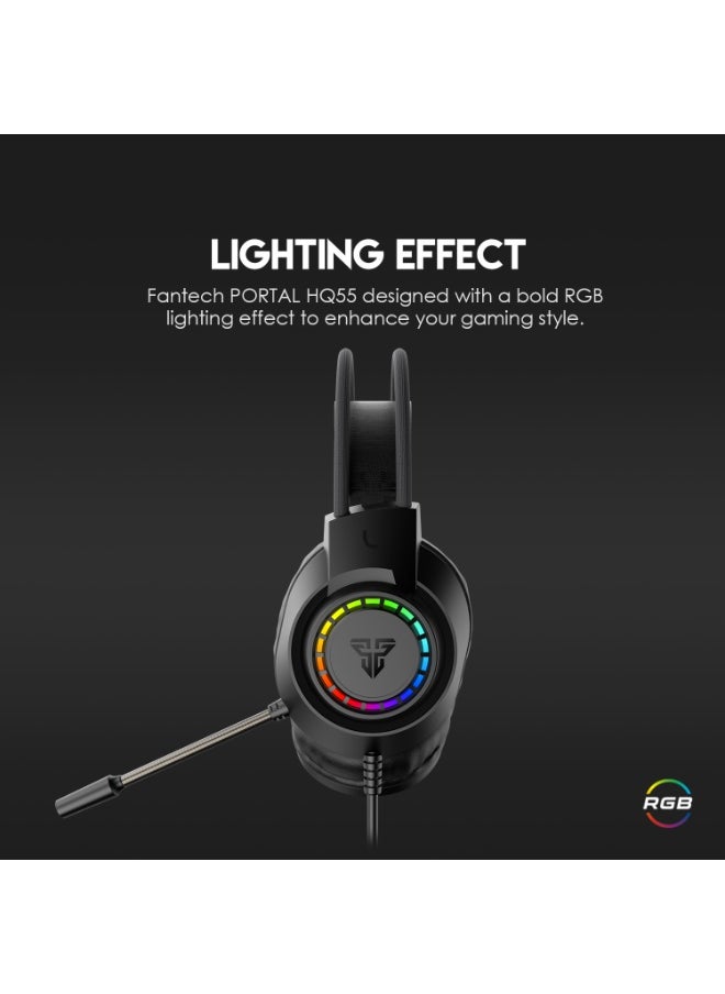 سماعة الألعاب من فانتيك HQ55 PORTAL ار جي بي مقاس 3.5 مم للصوت + USB لإضاءة RGB، لون أسود