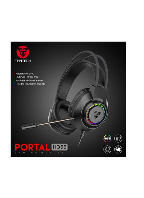 سماعة الألعاب من فانتيك HQ55 PORTAL ار جي بي مقاس 3.5 مم للصوت + USB لإضاءة RGB، لون أسود
