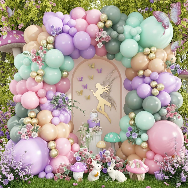 Paeyeq Fairy Balloon Arch Garland Kit, 125pcs Sage Green Pink Purple and Green Gold Spring Balloons for Girl Wonderland Fairy First Birthday Baby Shower Tea Party Wedding Wildflower Party Decorations - Image 1