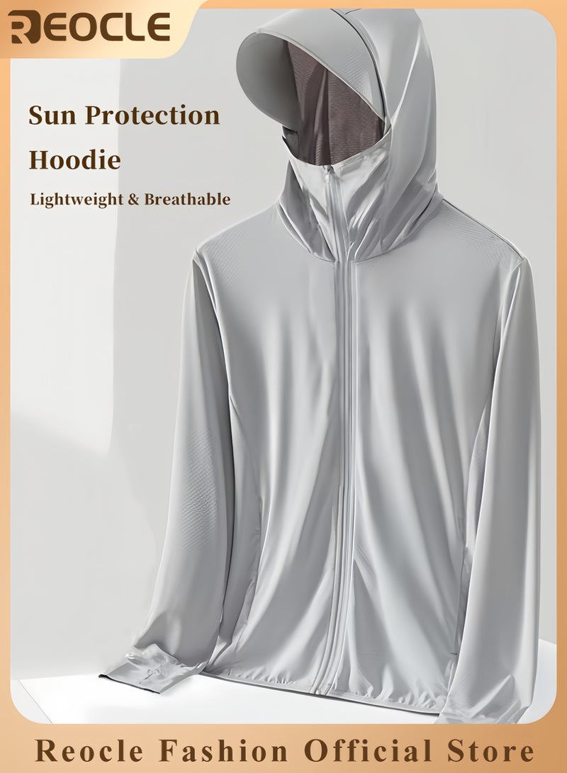 REOCLE Men's Lightweight Sun Protection Clothing Long-sleeved Ice Silk Hooded Shirts Anti-UV Fishing Outdoor Clothes for Men - Image 1