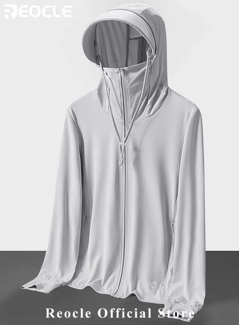 REOCLE Men's Lightweight Sun Protection Clothing Long-sleeved Ice Silk Hooded Shirts Anti-UV Fishing Outdoor Clothes for Men - Image 5