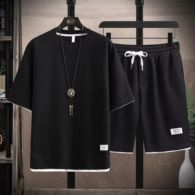Mens Casual Sporty Ice Silk Short Sleeve Summer Suit Trendy Brand Walf Checks Shorts Two Piece Set Fashionable Streetwear Noirnoir 