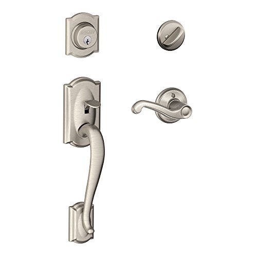 SCHLAGE Camelot Single Cylinder Handleset and Right Hand Flair Lever Satin Nickel F60 CAM 619 FLA RH - Image 1