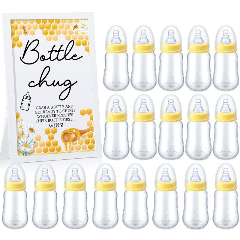 Roowest Bottle Chug Baby Shower Game Favors Including Bee Theme Wooden Sign and 18 Pcs Baby Bottles for Gender Reveal Party Supplies