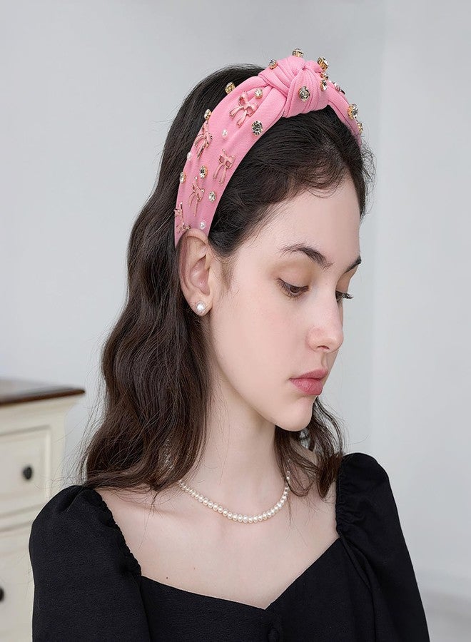 WantGor Pearl Knotted Headband, Women Rhinestone Embellished Hairband Elegant Wide Top Knot Bride Headbands Headpieces Party Fashion Elegant Ladies Hair Band Hair Hoop Accessories (Pink Bow) - Image 3