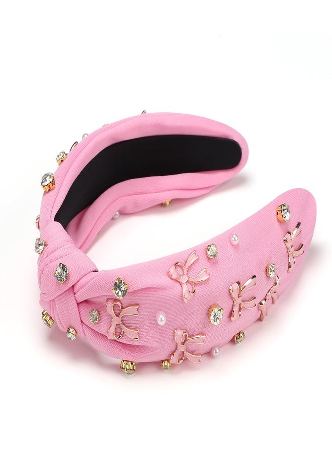WantGor Pearl Knotted Headband, Women Rhinestone Embellished Hairband Elegant Wide Top Knot Bride Headbands Headpieces Party Fashion Elegant Ladies Hair Band Hair Hoop Accessories (Pink Bow) - Image 4