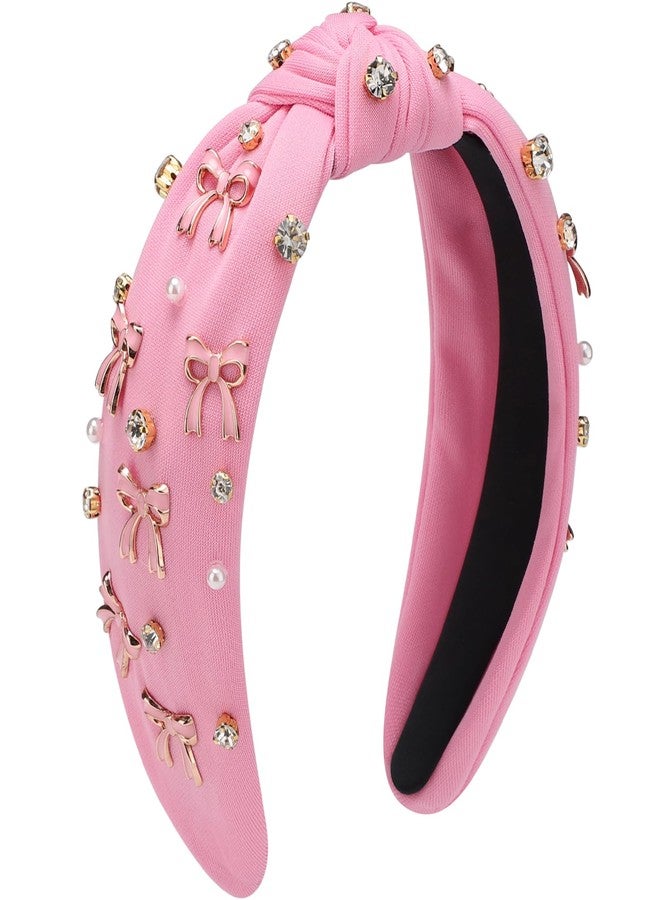 WantGor Pearl Knotted Headband, Women Rhinestone Embellished Hairband Elegant Wide Top Knot Bride Headbands Headpieces Party Fashion Elegant Ladies Hair Band Hair Hoop Accessories (Pink Bow) - Image 1