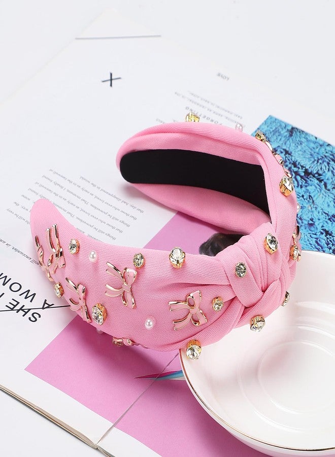 WantGor Pearl Knotted Headband, Women Rhinestone Embellished Hairband Elegant Wide Top Knot Bride Headbands Headpieces Party Fashion Elegant Ladies Hair Band Hair Hoop Accessories (Pink Bow) - Image 5