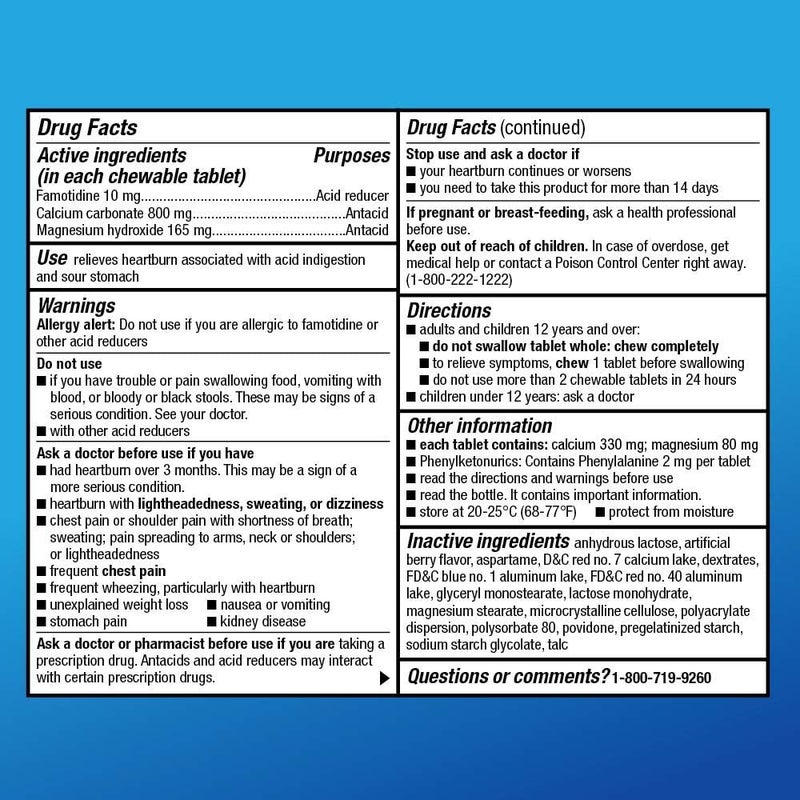 CARE Dual Action Complete Chewable Acid Reducer Plus Antacid Tablets Berry Flavor Heartburn Medicine Acid Indigestion Relief 50 Count Pack of 2 - Image 5