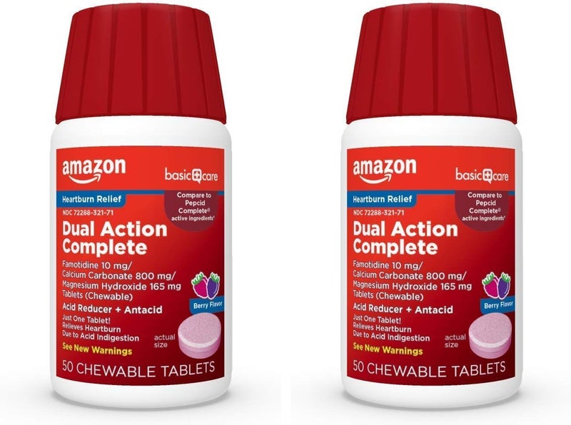 CARE Dual Action Complete Chewable Acid Reducer Plus Antacid Tablets Berry Flavor Heartburn Medicine Acid Indigestion Relief 50 Count Pack of 2 - Image 1