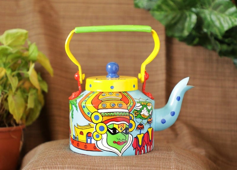 A Krazy Mug Hand Painted Colourful Traditional Kerala Theme Design Desi Tea Chai Décor for Home, Café, Restaurant Aluminium Kettle (1.25 L) - Image 1