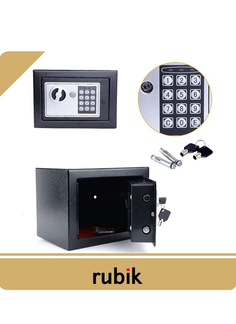 Rubik - Mini Electronic Digital Security Safe Deposit Box With Electronic Keypad Lock and Physical Key For Home Office Hotel Jewelry Passport Watches Cash Storage 23x17x17cm (Black) - Image 1