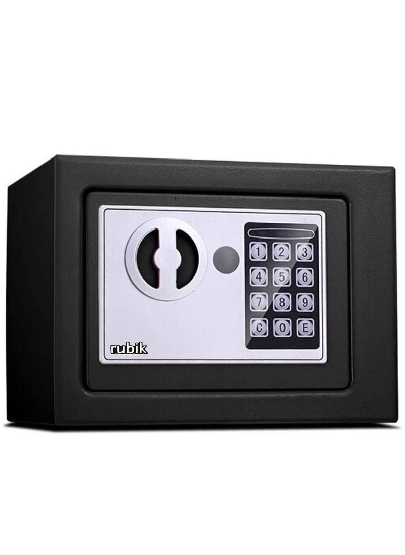Rubik - Mini Electronic Digital Security Safe Deposit Box With Electronic Keypad Lock and Physical Key For Home Office Hotel Jewelry Passport Watches Cash Storage 23x17x17cm (Black) - Image 1