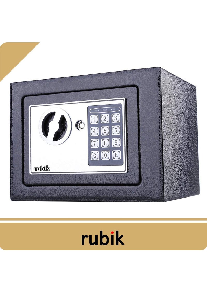 Rubik - Mini Electronic Digital Security Safe Deposit Box With Electronic Keypad Lock and Physical Key For Home Office Hotel Jewelry Passport Watches Cash Storage 23x17x17cm (Black) - Image 1