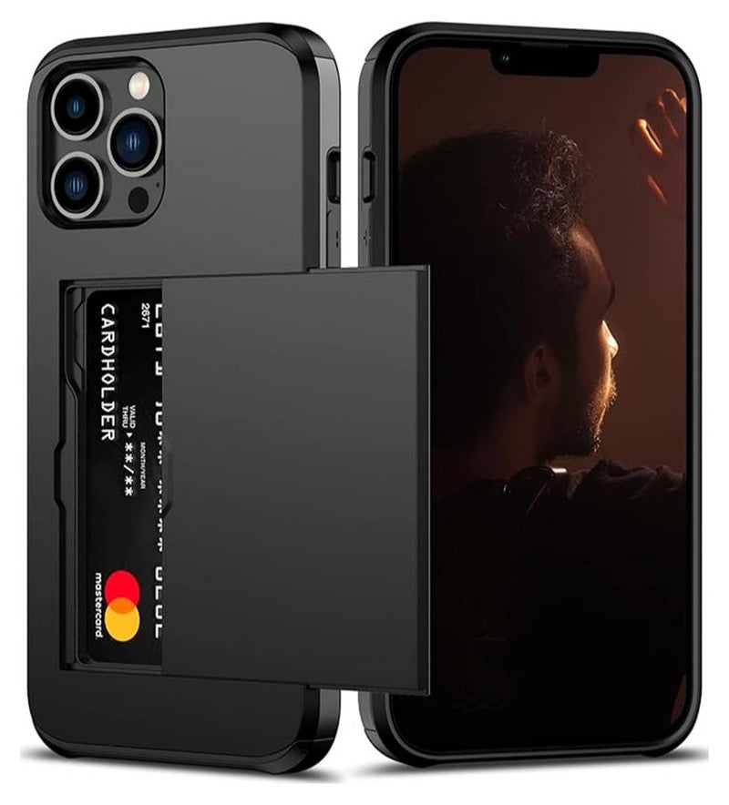 WRISTWISE غطاء حافظة لهاتف iPhone 13 Pro Max شديد التحمل واقٍ مزدوج الطبقات مقاوم للصدمات بفتحة بطاقة مخفية محفظة رفيعة للنساء والرجال (أسود) - Image 1