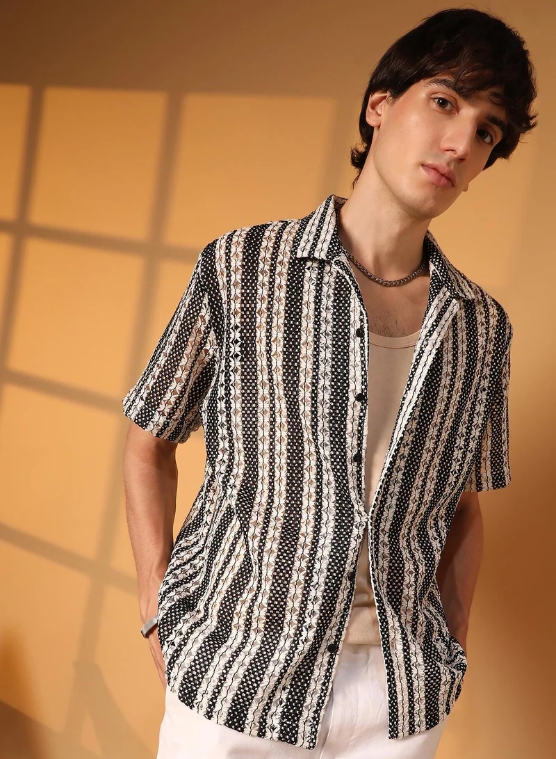 Campus Sutra Men's Cream White & Midnight Black Multitrack Knit Oversized Shirt