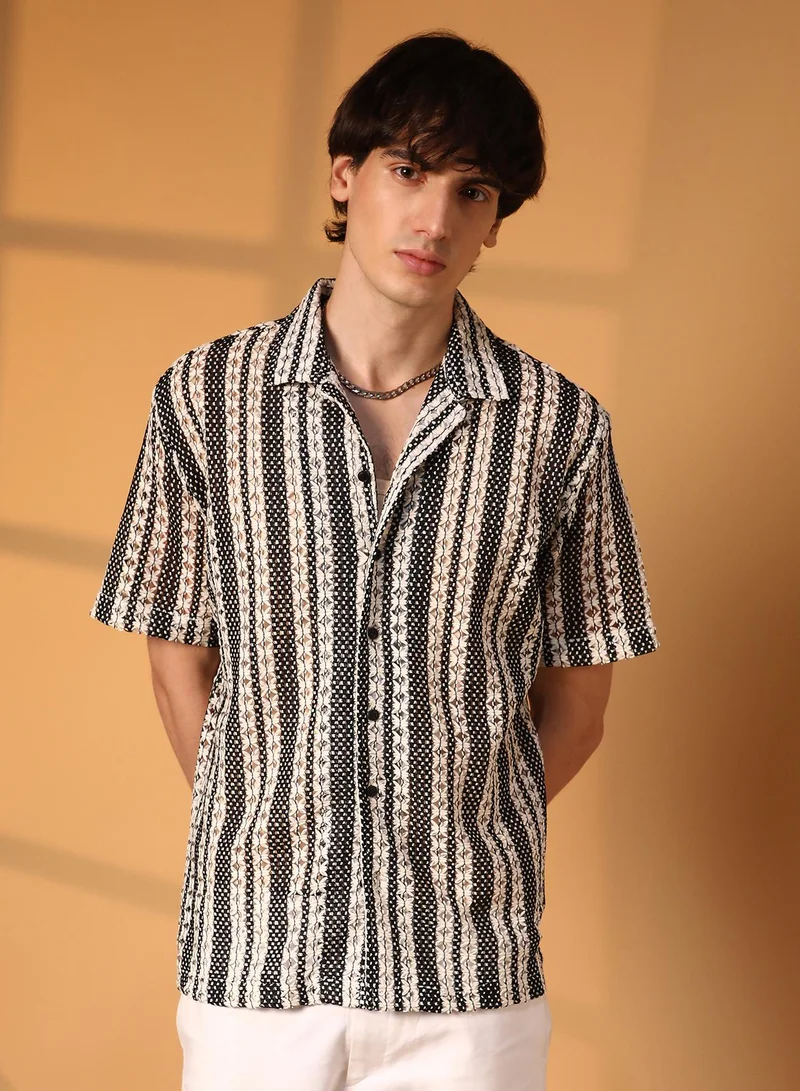 Campus Sutra Men's Cream White & Midnight Black Multitrack Knit Oversized Shirt