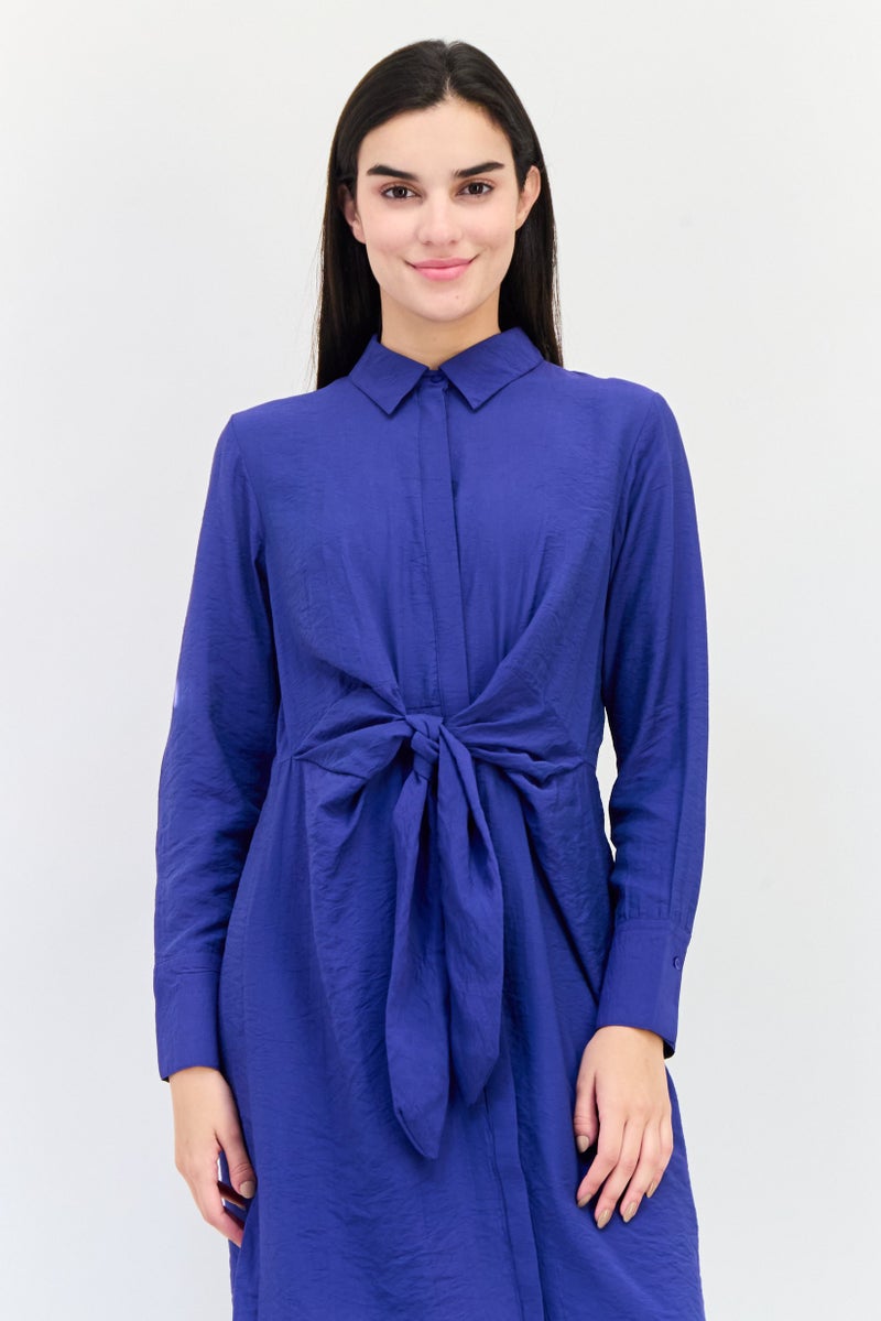 bebe فستان ميدي بسيط للنساء بحزام عند الخصر، أزرق - Image 4