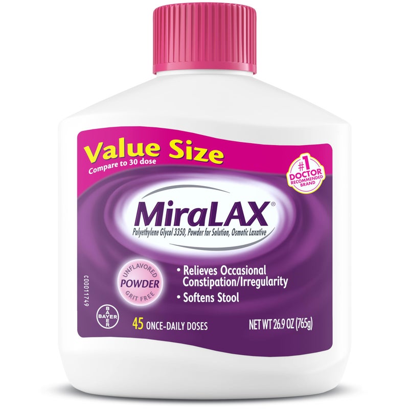 MiraLAX Laxative Powder, Gentle Constipation Relief for Adults, Stool Softener with PEG 3350, Nonstimulant Laxative, No Harsh Side Effects, Osmotic Laxative, 45 Dose - Image 1
