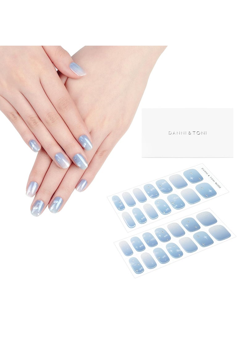 DANNI & TONI - DANNI & TONI Semi Cured Gel Nail Strips Sky Blue Ombre (Midsummer Sky) Clouds Gel Nail Stickers Silver Glitter Gel Nail Wraps 28 Stickers - Image 1