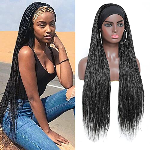 ROSEBONY Box Braided Headband Wigs for Black Women Micro Braids 30 Inch Long Wigs Synthetic Wigs with Small Braids (1b, Headband Box Wig) - Image 1