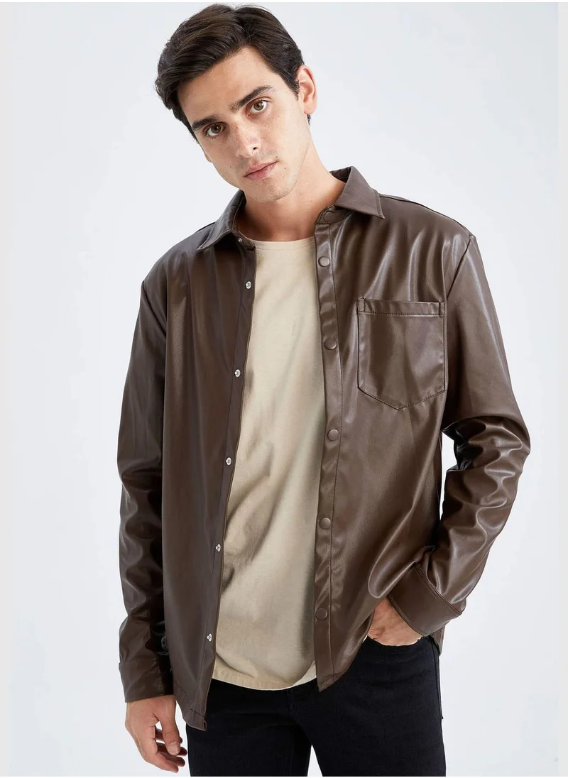 DeFacto Long Sleeve Faux Leather Shacket