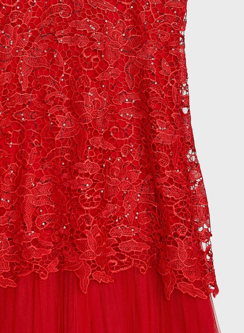 Little Golden Apple Lace Overlay Tulle Dress
