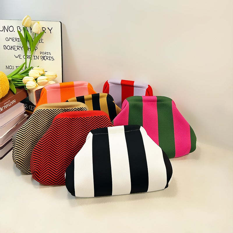 2025 New Knitted Handbag Striped Cloud Large Capacity Daily All-Match Contrast Color Woven Bag - Image 2